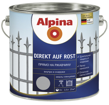 DIREKT AUF ROST (ALPINA ДИРЕКТ АУФ РОСТ) - эмаль по ржавчине антикоррозионная гладкая, глянцевая DIREKT AUF ROST (ALPINA ДИРЕКТ АУФ РОСТ) - эмаль по ржавчине антикоррозионная гладкая, глянцевая