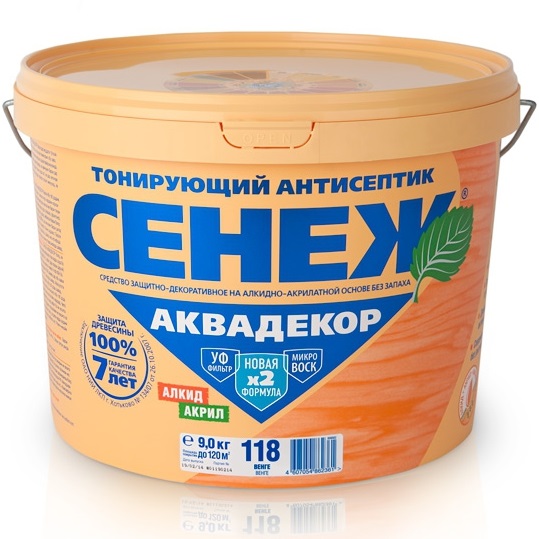 СЕНЕЖ АКВАДЕКОР - алкид-акриловый тонирующий антисептик с УФ-фильтром и воском для защиты и отделки древесины СЕНЕЖ АКВАДЕКОР - алкид-акриловый тонирующий антисептик с УФ-фильтром и воском для защиты и отделки древесины